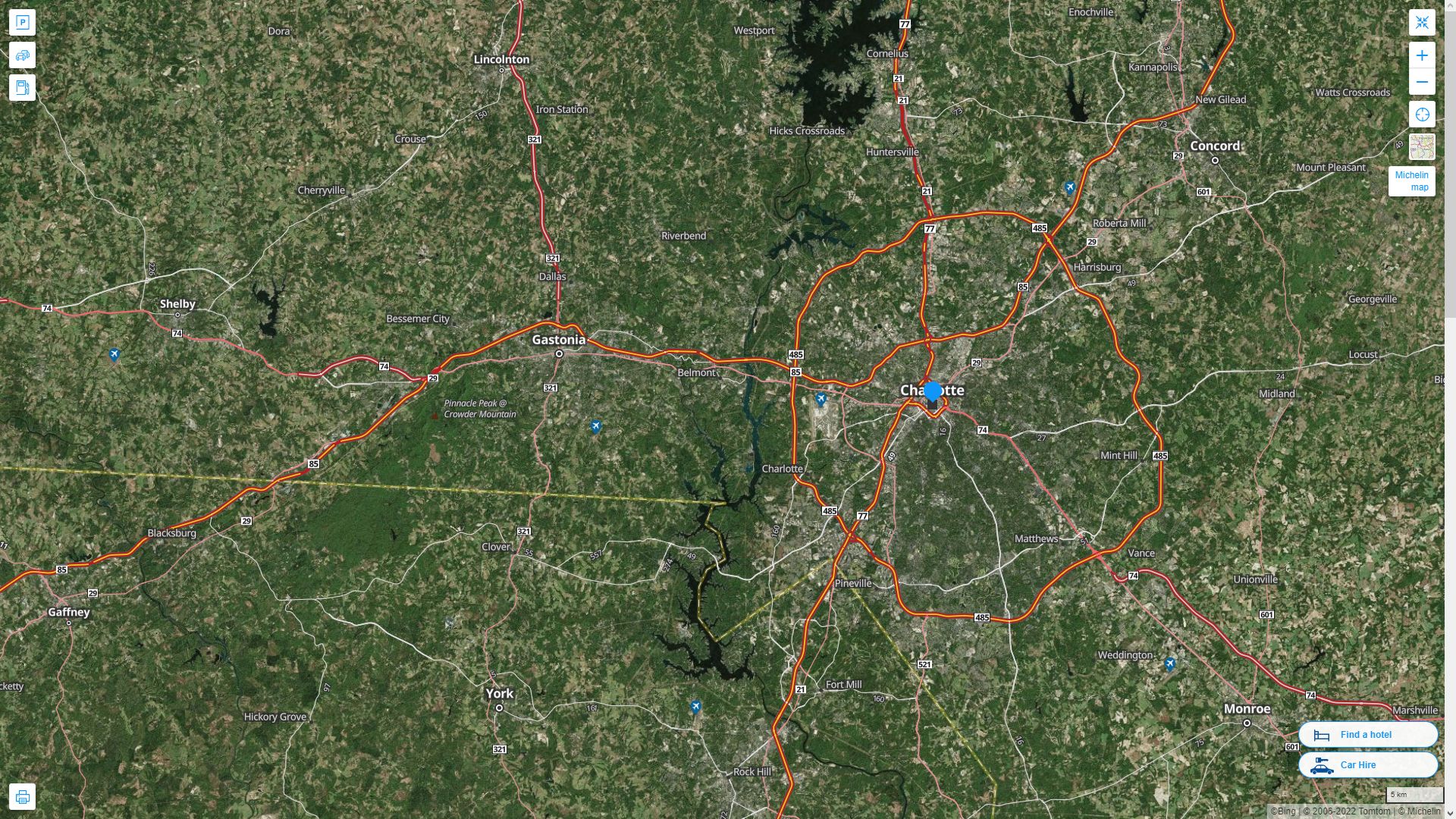 Charlotte North Carolina Highway and Road Map with Satellite View